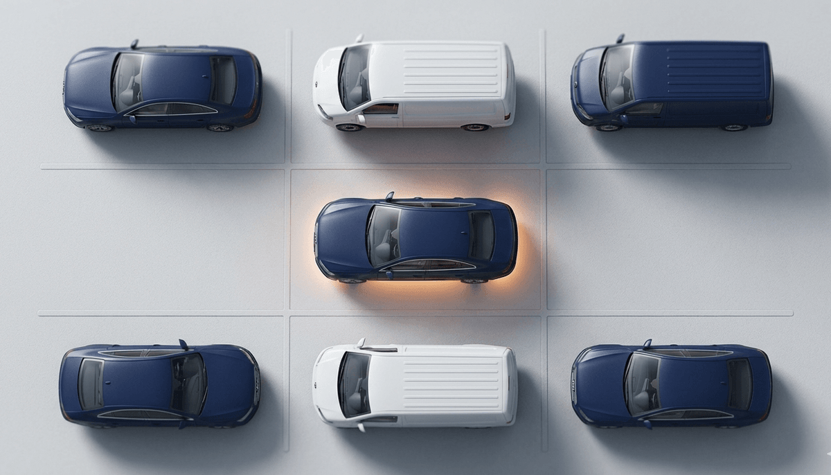 Fleet grid from above - organized vehicle cards in isometric view Zarządzanie flotą pojazdów