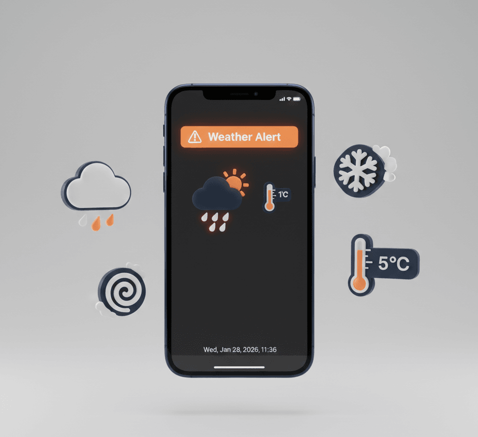 Phone showing weather alert notification Ostrzeżenia pogodowe