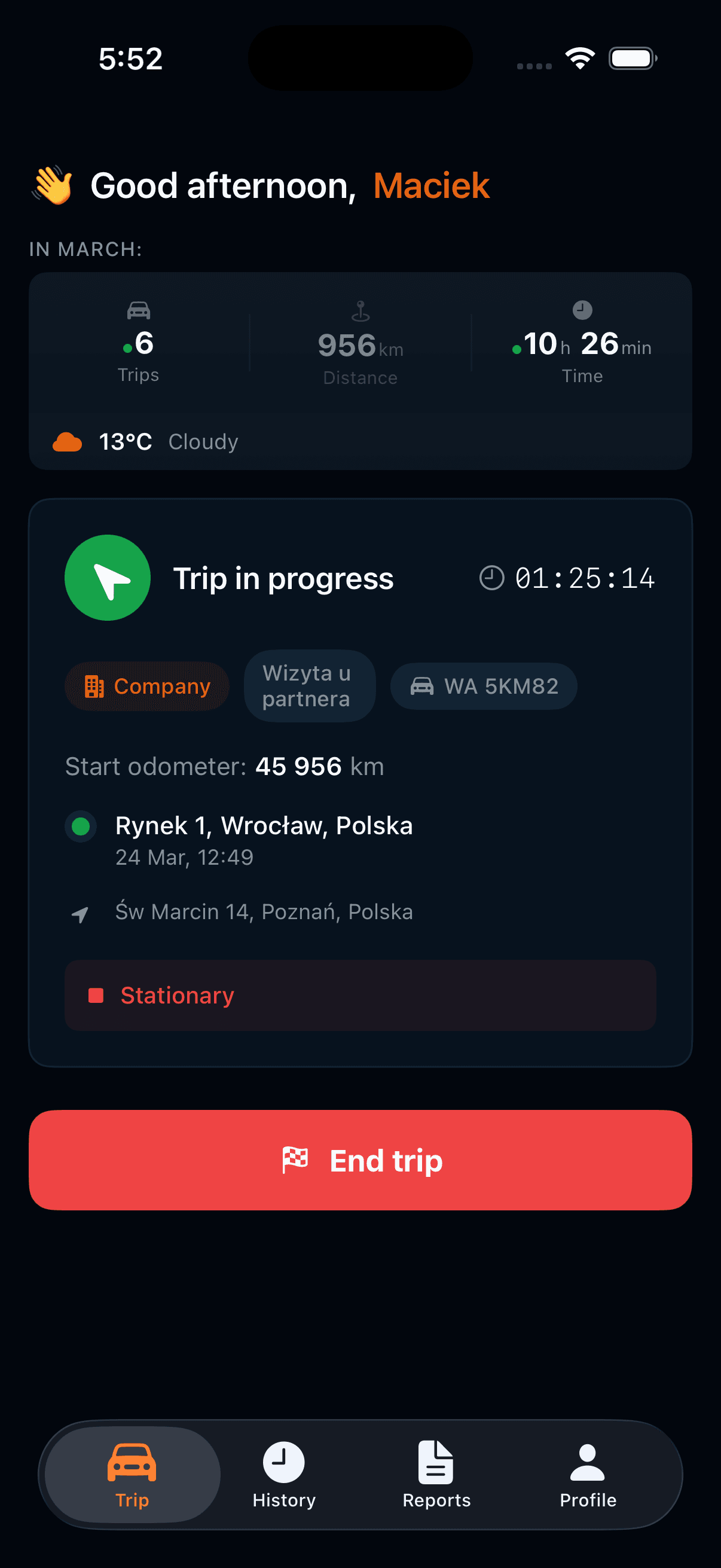 Autokilometry mobile app in dark mode