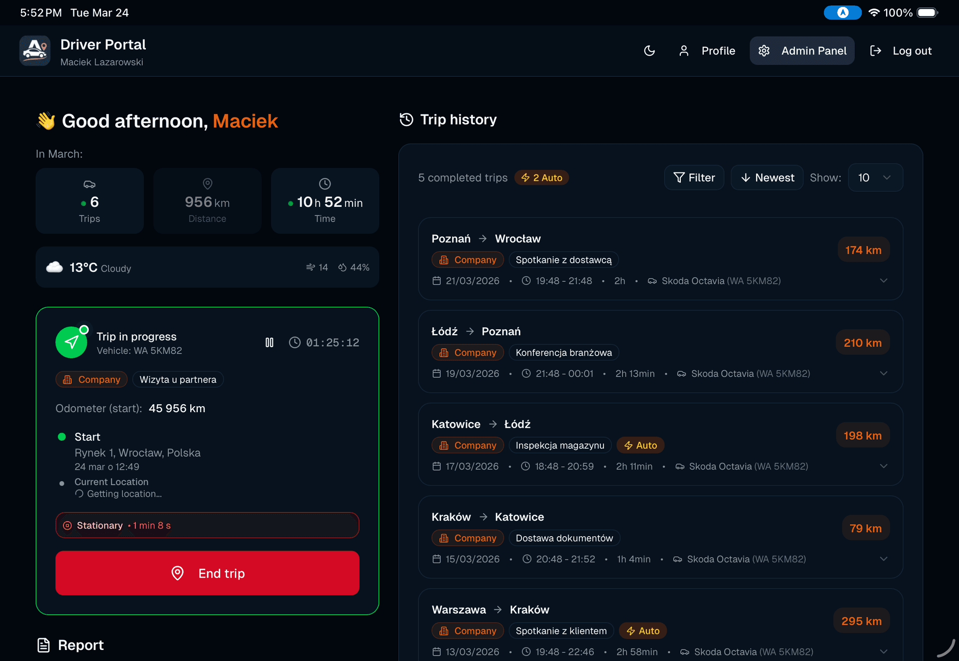 Autokilometry web app: driver portal in dark mode