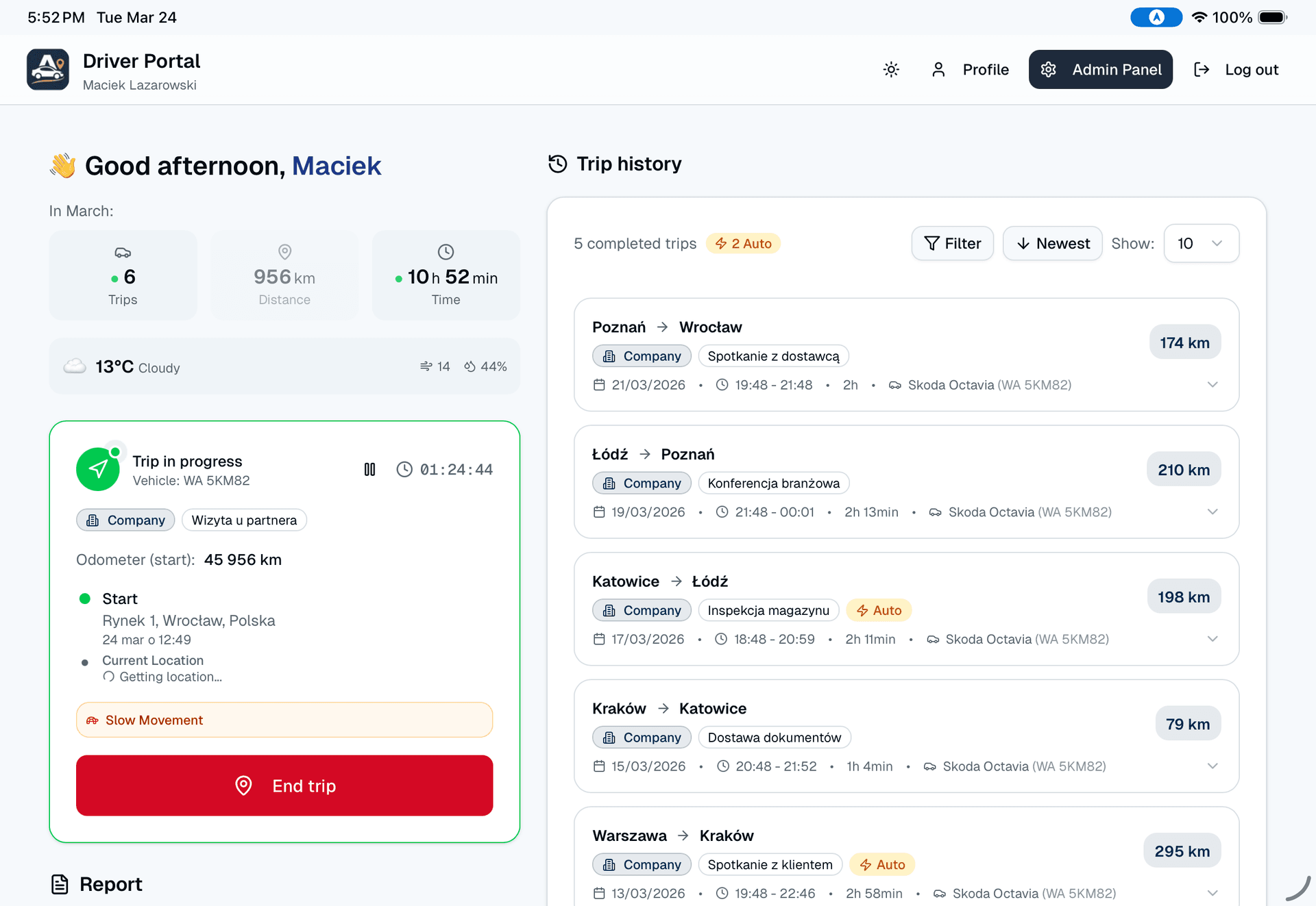 Autokilometry web app: driver portal with the vehicle mileage log