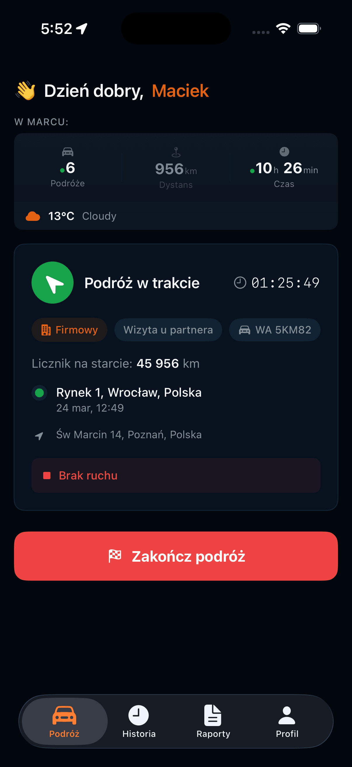 Mobilna aplikacja Autokilometry w trybie ciemnym