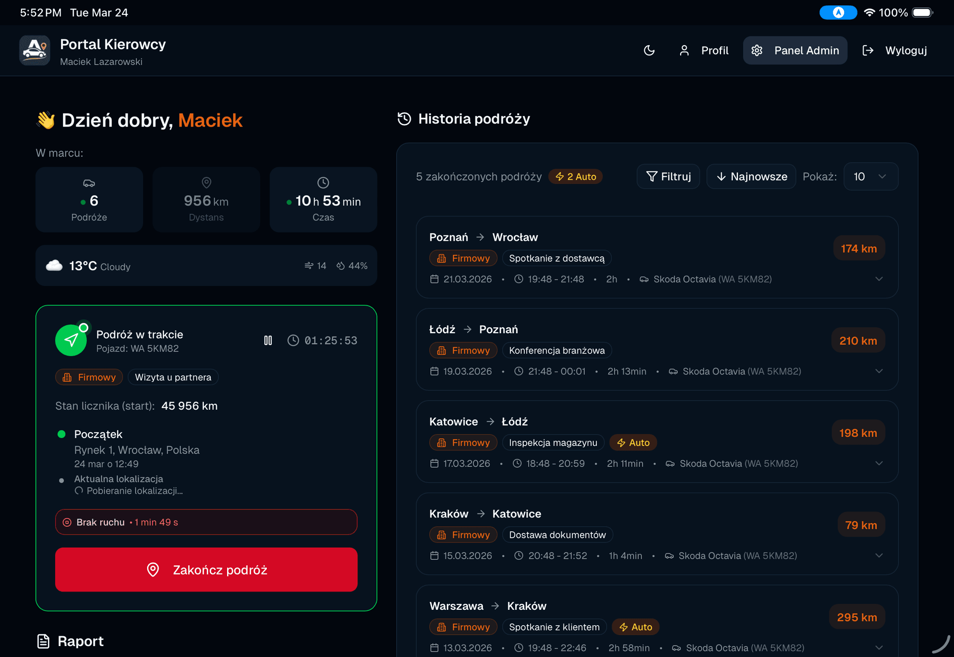 Aplikacja Autokilometry - panel kierowcy w trybie ciemnym