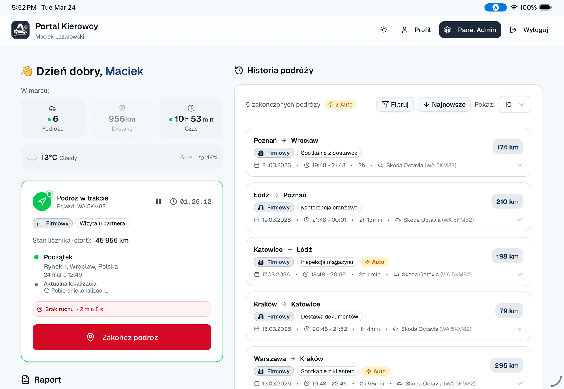Aplikacja Autokilometry - panel kierowcy do ewidencji przebiegu pojazdu