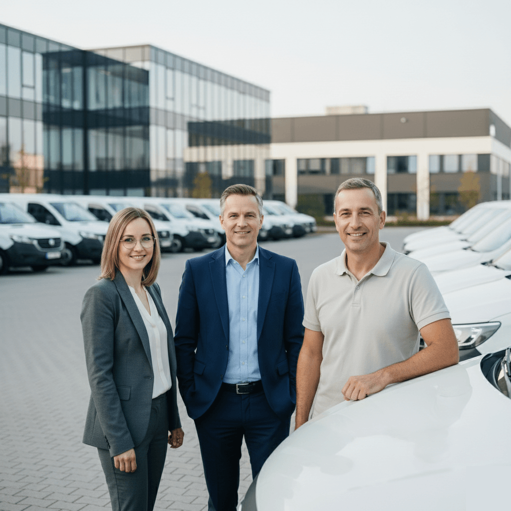 Business team with company fleet Zespół - właściciel, księgowa, kierowca